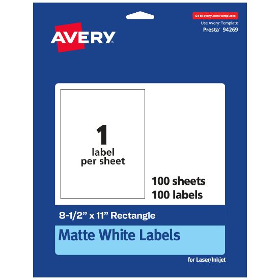 Picture of Avery Permanent Labels, 94269-WMP100, Rectangle, 8-1/2in x 11in, White, Pack Of 100