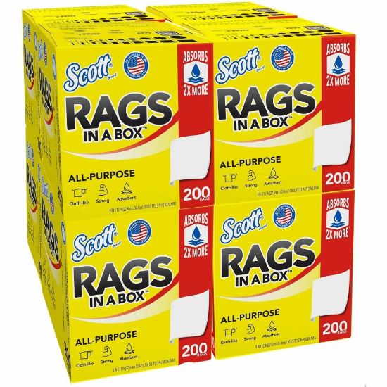 Picture of Scott Rags In A Box - 13in Length x 10in Width - 200 / Box - 8 / Carton - Soft, Strong, Lint-free, Absorbent - White