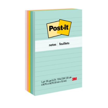 Picture of Post-it Notes, 4 in x 6 in, 5 Pads, 100 Sheets/Pad, Lined, Clean Removal, Back to School Supplies for Students, Sticky Notes for Textbooks and Notebooks, Beachside Cafe Collection