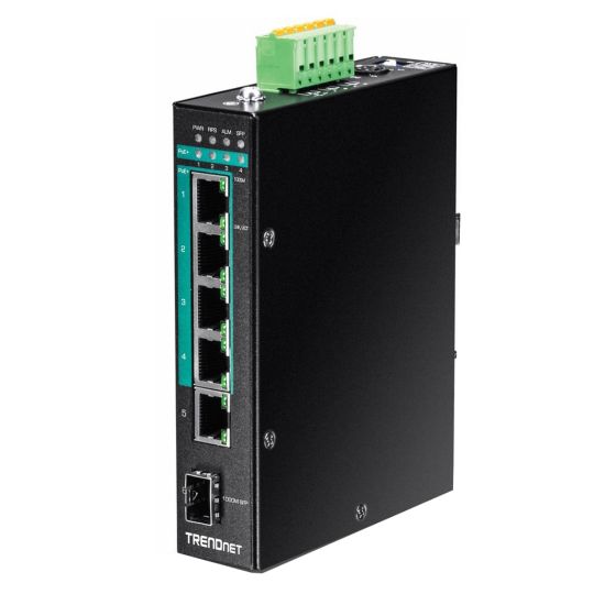 Picture of TRENDnet 6-Port Hardened Industrial Gigabit Poe+ Layer 2 Managed DIN-Rail Switch, 4 x Gigabit PoE+ 802.3at Ports, 1 x Gigabit Port, 1 x Gigabit SFP Slot, 120W Power Budget, Black, TI-PG541i - 6-Port Industrial Gigabit PoE+ Layer 2 Managed Switch