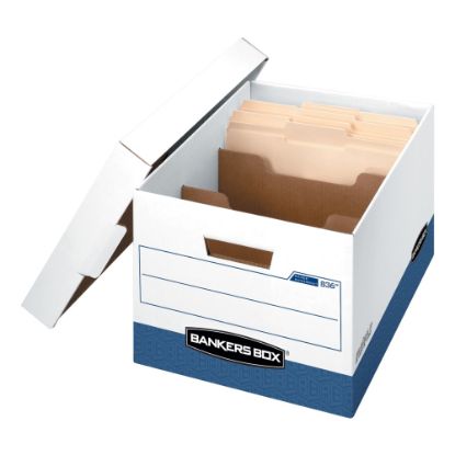 Picture of Bankers Box R Kive DividerBox Heavy-Duty FastFold File Storage Boxes With Locking Lift-Off Lids And Built-In Handles, Letter/Legal Size,  10inH x 12W x 15inD, 60% Recycled, White/Blue, Case Of 12