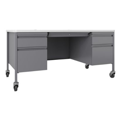 Picture of Lorell Fortress 60inW Double-Pedestal Mobile Teachers Computer Desk, Platinum/White