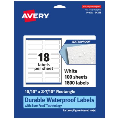 Picture of Avery Waterproof Permanent Labels With Sure Feed, 94218-WMF100, Rectangle, 15/16in x 3-7/16in, White, Pack Of 1,800