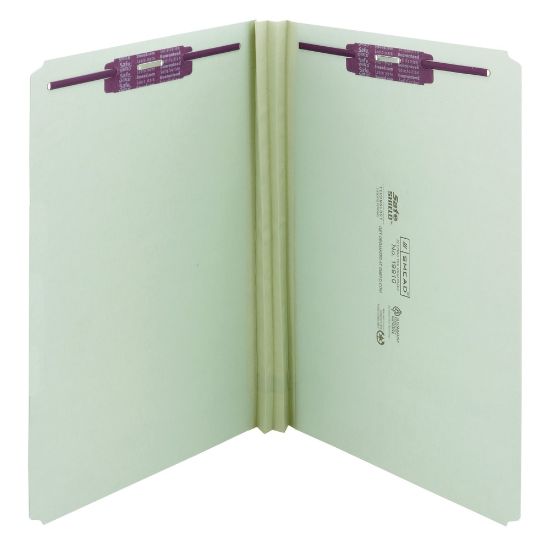 Picture of Smead Pressboard Fastener Folders With SafeSHIELD Coated Fasteners, 2in Expansion, Legal Size, Gray/Green, Box Of 25