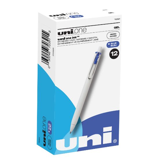 Picture of Uni-Ball One Retractable Gel Pens, Micro Point, 0.5 mm, White Barrel, Blue Ink, Pack Of 12 Pens