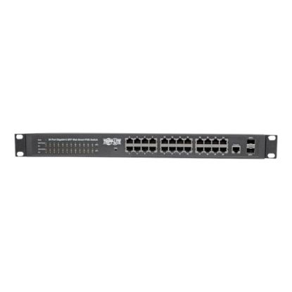 Picture of Tripp Lite 24-Port Gigabit Ethernet Switch L2 Managed w/PoE 10/100/1000Mbps - 24 x Gigabit Ethernet Network, 2 x Gigabit Ethernet Uplink - Manageable - Optical Fiber, Twisted Pair - Modular - 2 Layer Supported