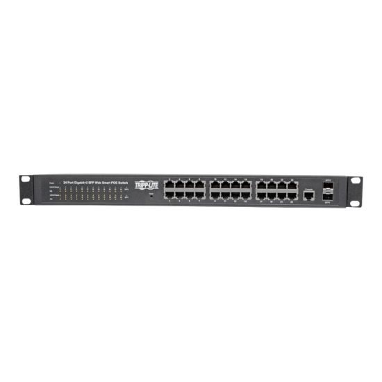 Picture of Tripp Lite 24-Port Gigabit Ethernet Switch L2 Managed w/PoE 10/100/1000Mbps - 24 x Gigabit Ethernet Network, 2 x Gigabit Ethernet Uplink - Manageable - Optical Fiber, Twisted Pair - Modular - 2 Layer Supported