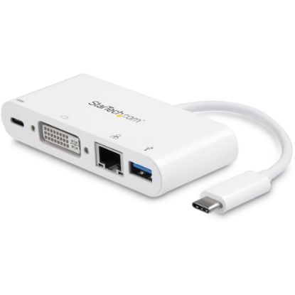 Picture of StarTech.com USB C Multiport Adapter - with Power Delivery (USB PD) - USB C to USB 3.0 / DVI / Gigabit Ethernet - USB-C Hub - Charge a laptop through USB Type C and create a workstation wherever you go, with DVI video output, Gigabit Ethernet and USB-A