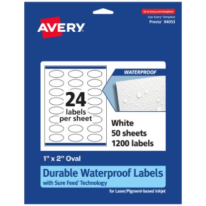 Picture of Avery Waterproof Permanent Labels With Sure Feed, 94053-WMF50, Oval, 1in x 2in, White, Pack Of 1,200