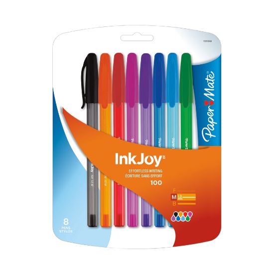 Picture of Paper Mate InkJoy 100 Stick Pens, Medium Point, 1.0 mm, Translucent Assorted Barrels, Assorted Ink Colors, Pack Of 8 Pens