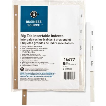 Picture of Business Source Tear-resistant Clear Tab Index Dividers - 5 x Divider(s) - 5 Tab(s)/Set - 8.5in Divider Width x 11in Divider Length - Letter - White Divider - Clear Tab(s) - Recycled - Tear Resistant - 5 / Set