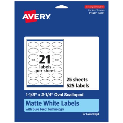 Picture of Avery Permanent Labels With Sure Feed, 94061-WMP25, Oval Scalloped, 1-1/8in x 2-1/4in, White, Pack Of 525