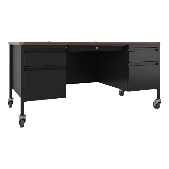 Picture of Lorell Fortress 60inW Double-Pedestal Mobile Teachers Computer Desk, Black/Walnut