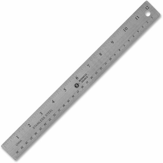 Picture of Business Source Nonskid Stainless Steel Ruler - 12in Length - 1/16, 1/32 Graduations - Metric Measuring System - Stainless Steel - 1 Each - Silver