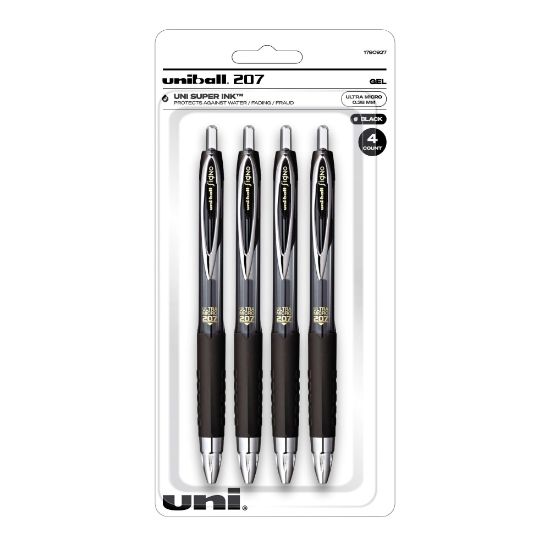 Picture of uni-ball 207 Retractable Fraud Prevention Gel Pens, Ultra Micro Point, 0.38 mm, Translucent Black Barrels, Black Ink, Pack Of 4