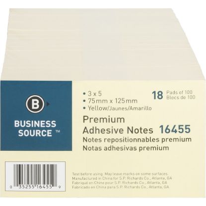 Picture of Business Source Repositionable Notes - 3in x 5in - Rectangle - Yellow - Repositionable, Solvent-free Adhesive - 18 / Pack