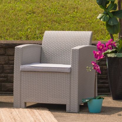 Picture of Flash Furniture Faux Rattan Chair With All-Weather Cushion, Light Gray/Gray