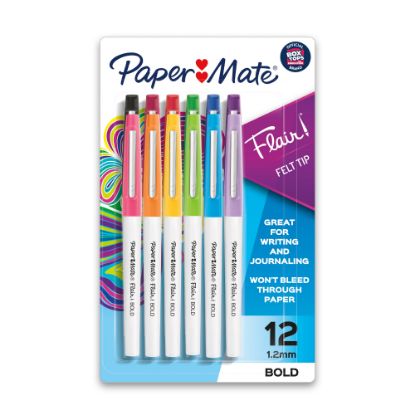 Picture of Paper Mate Flair Porous Point Bold Tip Pens, 1.2 mm, White Barrel, Assorted Ink Colors, Pack Of 12 Pens