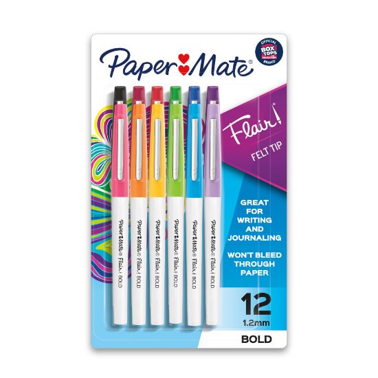 Picture of Paper Mate Flair Porous Point Bold Tip Pens, 1.2 mm, White Barrel, Assorted Ink Colors, Pack Of 12 Pens