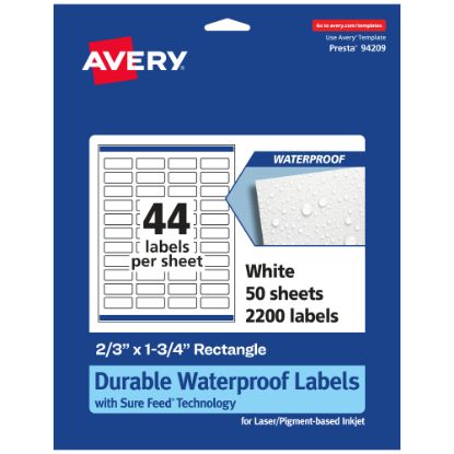 Picture of Avery Waterproof Permanent Labels With Sure Feed, 94209-WMF50, Rectangle, 2/3in x 1-3/4in, White, Pack Of 2,200