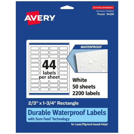 Picture of Avery Waterproof Permanent Labels With Sure Feed, 94209-WMF50, Rectangle, 2/3in x 1-3/4in, White, Pack Of 2,200