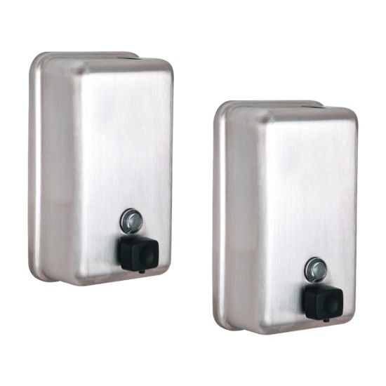 Picture of Alpine Industries 1200 mL Vertical Manual Surface-Mounted Stainless Steel Liquid Soap Dispensers, Silver, Pack Of 2 Dispensers