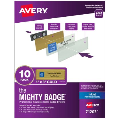 Picture of Avery The Mighty Badge Magnetic Badges For Inkjet Printers, 1in x 3in, Gold, Pack Of 10 Badges