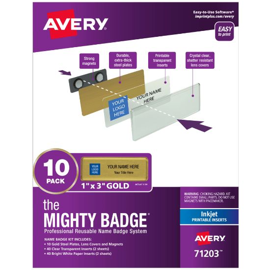 Picture of Avery The Mighty Badge Magnetic Badges For Inkjet Printers, 1in x 3in, Gold, Pack Of 10 Badges