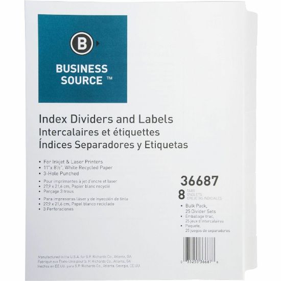 Picture of Business Source Punched Laser Index Dividers - 8 Blank Tab(s) - 8.5in Divider Width x 11in Divider Length - Letter - 3 Hole Punched - White Paper Divider - White Tab(s) - Recycled - Mylar Reinforcement, Reinforced, Punched - 25 / Box