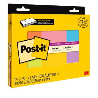 Picture of Post-it Super Sticky Notes, 3 in x 3 in, 12 Pads, 90 Sheets/Pad, Clean Removal, Assorted Colors