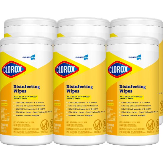 Picture of Clorox Disinfecting Wipes, 7in x 8in, Lemon Scent, 75 Wipes Per Tub, Box Of 6 Tubs