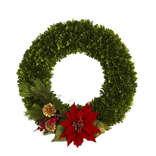 Picture of Nearly Natural Tea Leaf, Poinsettia And Pine Artificial Wreath, 18in x 4in, Green