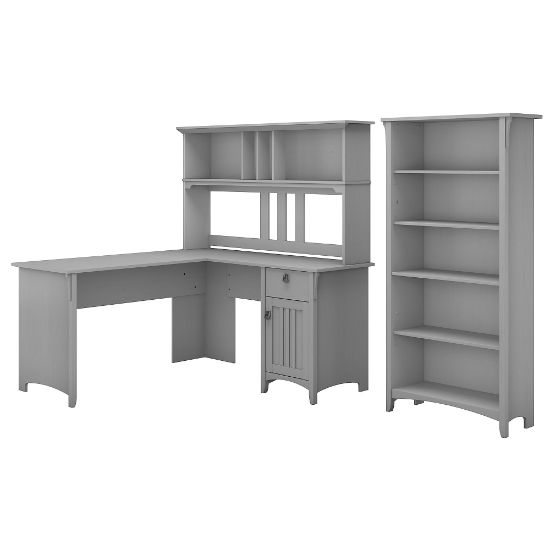 Picture of Bush Furniture Salinas 60inW L Shaped Desk with Hutch and 5 Shelf Bookcase, Cape Cod Gray, Standard Delivery