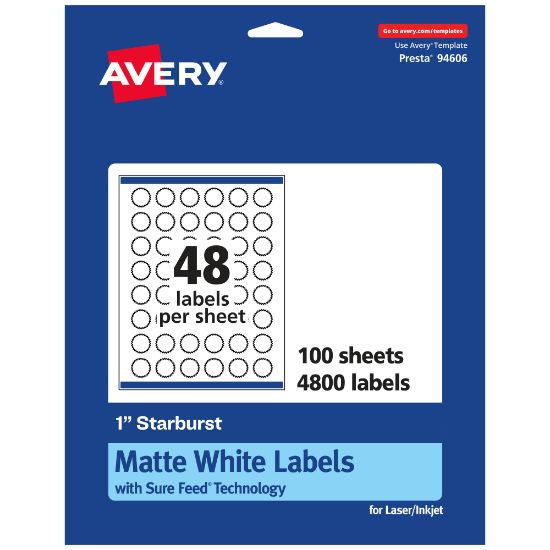 Picture of Avery Permanent Labels With Sure Feed, 94606-WMP100, Starburst, 1in, White, Pack Of 4,800