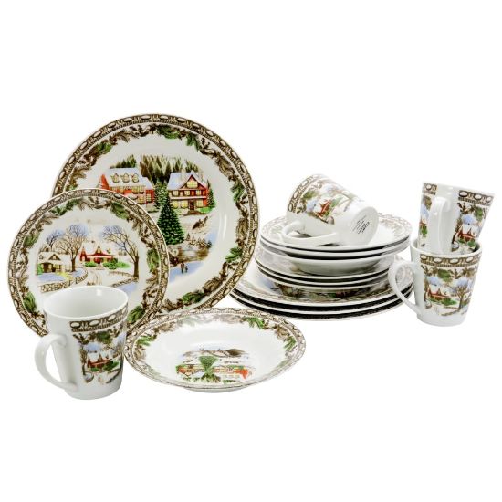 Picture of Gibson Home Christmas Toile 16-Piece Dinnerware Set, Bridge Scene