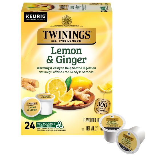 Picture of Twinings Lemon Ginger Decaffeinated Herbal Tea, K-Cup Pods, 2.8 Oz, Carton Of 24