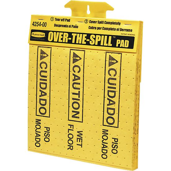 Picture of Rubbermaid Commercial Bilingual Over-The-Spill Pads, "Caution Wet Floor" And "cuidado Piso Mojado", 12 5/8inW x 16inH, Yellow, 25 Sheets Per Pad, Box Of 300