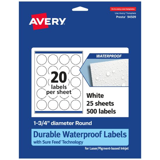 Picture of Avery Waterproof Permanent Labels With Sure Feed, 94509-WMF25, Round, 1-3/4in Diameter, White, Pack Of 500