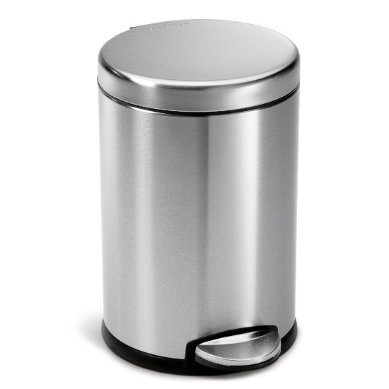 Picture of simplehuman Fingerprint-Proof Round Metal Mini Step Trash Can, 1.2 Gallons, 12-1/10inH x 7-3/5inW x 10inD, Silver