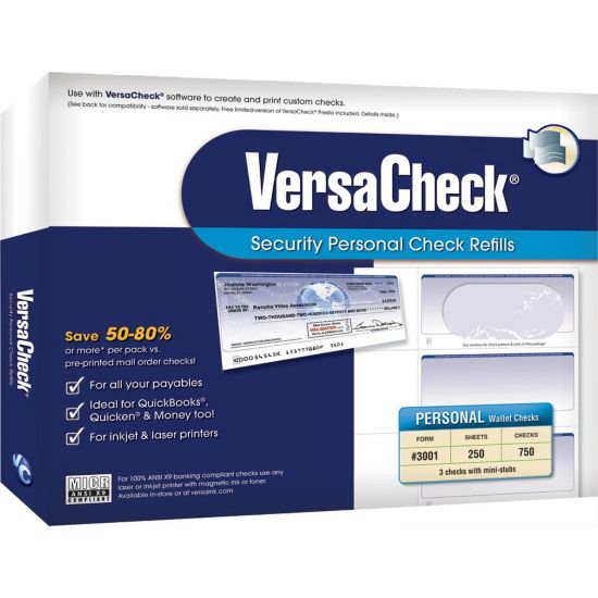 Picture of VersaCheck Security Personal Form 3001 Personal Wallet Check Refills, Blue Prestige, Pack Of 250 Sheets