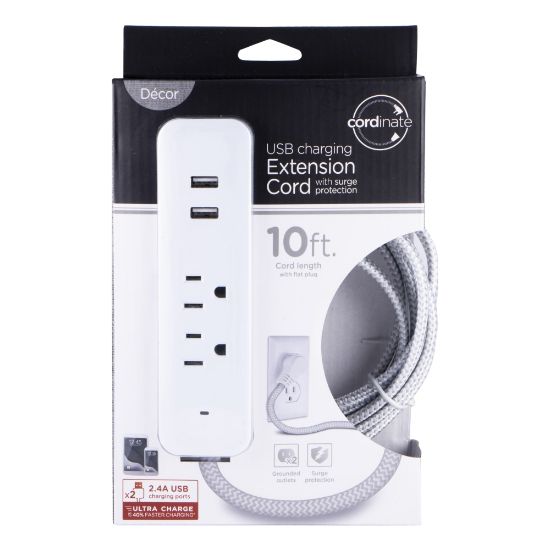 Picture of Cordinate 4-Outlet 16-Gauge USB Extension Cord With Surge Protection, 10ft, Gray/White