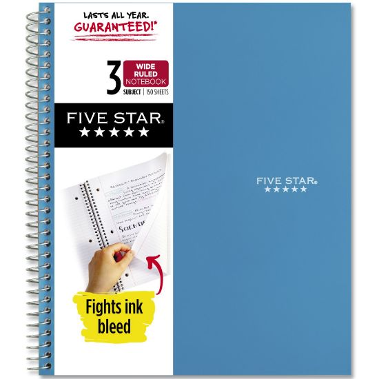 Picture of Five Star Wirebound Notebook, 8in x 10-1/2in, 3 Subject, Wide Ruled, 150 Sheets, Tidewater Blue