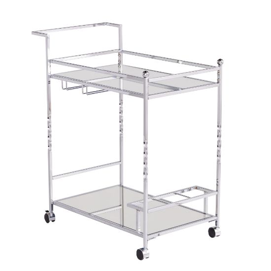 Picture of SEI Furniture Ivers 2-Shelf Mirrored Bar Cart, With Bottle Holders And Stemware Racks, 31-1/2inH x 29inW x 15-3/4inD, Chrome