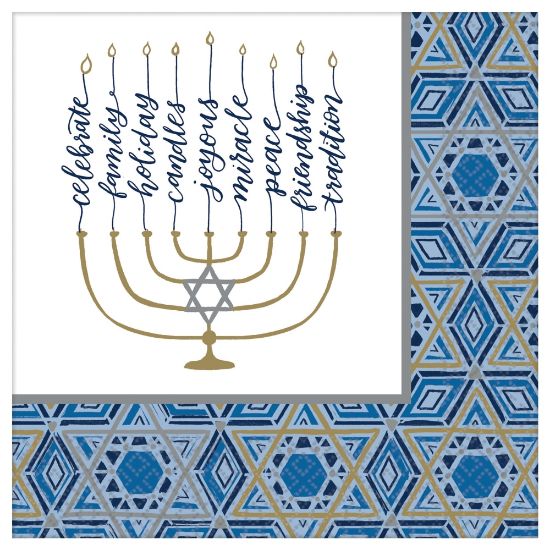 Picture of Amscan Hanukkah Festival Of Lights 2-Ply Dinner Napkins, 8in x 8in, Blue, Pack Of 72 Napkins