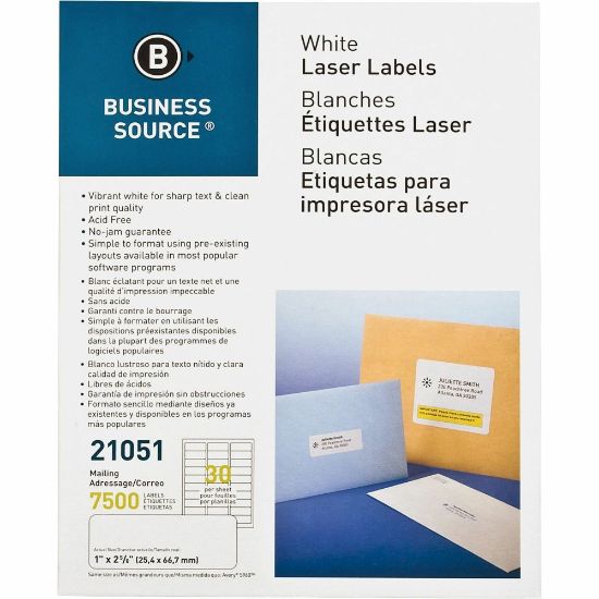 Picture of Business Source Bright White Premium-quality Address Labels - 1in Width x 2 5/8in Length - Permanent Adhesive - Rectangle - Laser, Inkjet - White - 30 / Sheet - 250 Total Sheets - 7500 / Pack - Jam-free