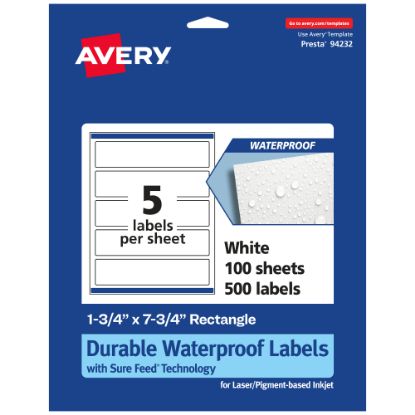 Picture of Avery Waterproof Permanent Labels With Sure Feed, 94232-WMF100, Rectangle, 1-3/4in x 7-3/4in, White, Pack Of 500