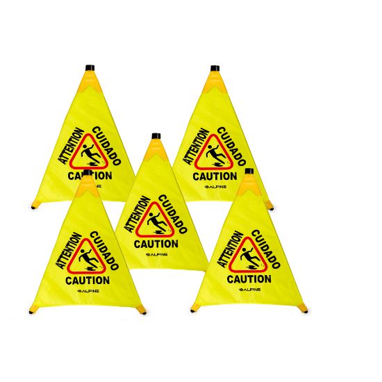 Picture of Alpine Industries Multilingual Pop-Up Wet Floor Signs, 32-7/8in x 3in, Yellow, Pack Of 5 Signs