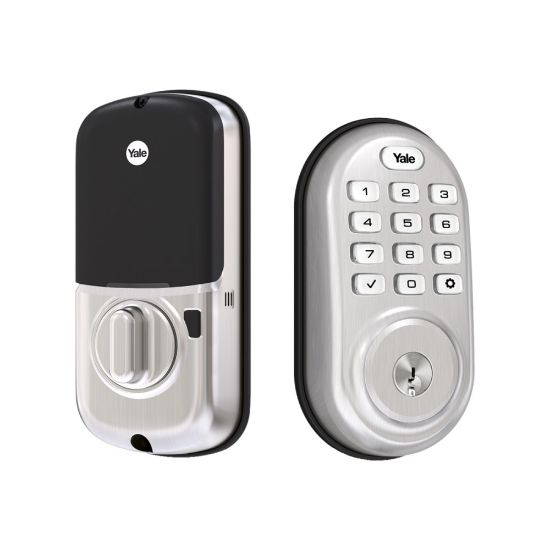 Picture of Yale Real Living YRD216 Assure Lock Push Button - Door lock - key, electronic - 5 pins - touch keypad - satin nickel