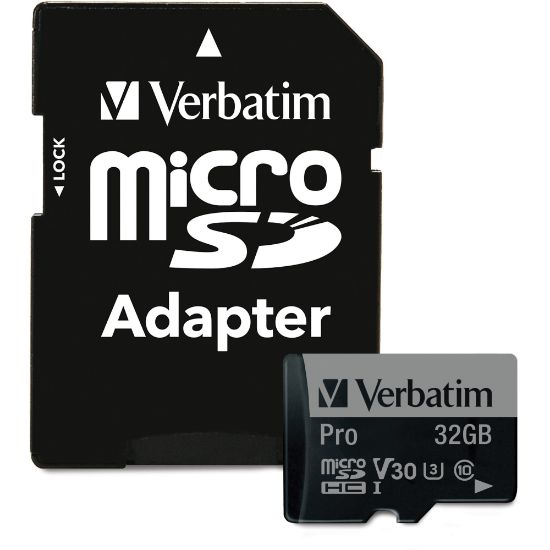 Picture of Verbatim 32GB Pro 600X microSDHC Memory Card with Adapter, UHS-I U3 Class 10 - Class 10/UHS-I (U3) - 90 MB/s Read1 Pack - 600x Memory Speed