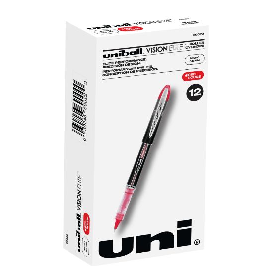 Picture of uni-ball Vision Elite Liquid Ink Rollerball Pens, Micro Point, 0.5 mm, Black Barrel, Red Ink, Pack Of 12